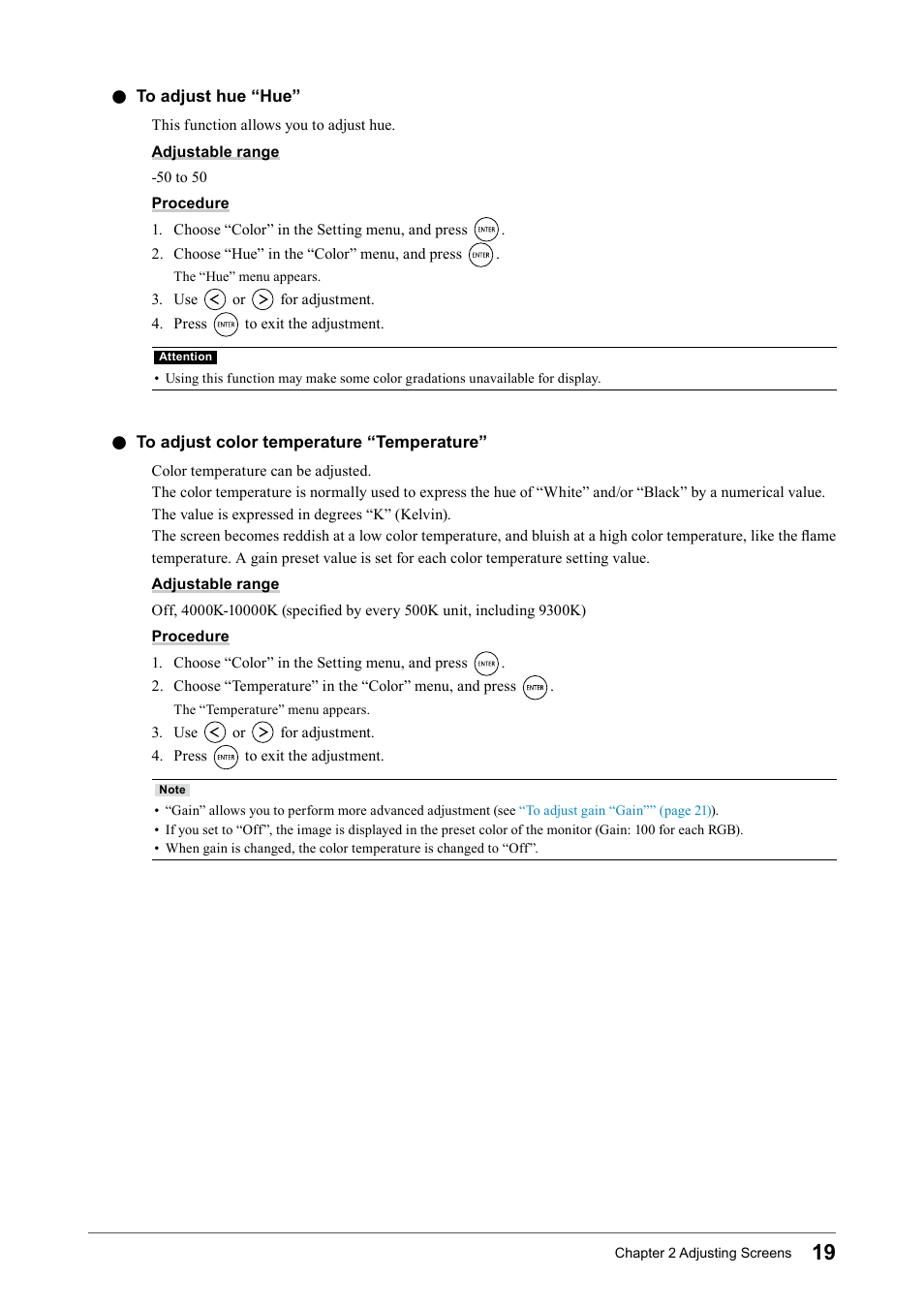 To adjust hue “hue, To adjust color temperature “temperature, To﻿adjust﻿hue﻿“hue | To﻿adjust﻿color﻿temperature﻿“temperature | Eizo FORIS FS2331 User Manual | Page 19 / 62