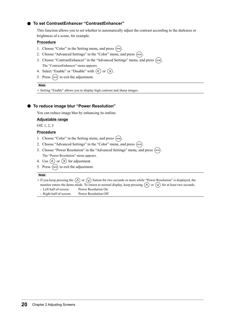 To set contrastenhancer “contrastenhancer, To reduce image blur “power resolution, To﻿set﻿contrastenhancer﻿ “contrastenhancer | To﻿reduce﻿image﻿blur﻿“power﻿resolution | Eizo FORIS FS2331 User Manual | Page 20 / 62
