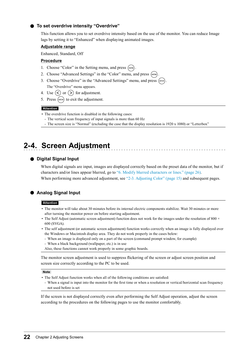 To set overdrive intensity “overdrive, 4. screen adjustment, Digital signal input | Analog signal input, To﻿set﻿overdrive﻿intensity﻿“overdrive, Digital﻿signal﻿input, Analog﻿signal﻿input | Eizo FORIS FS2331 User Manual | Page 22 / 62