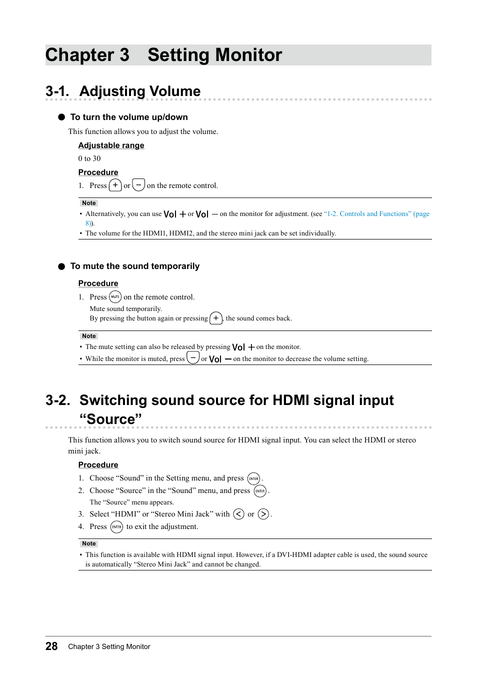 Chapter 3 setting monitor, 1. adjusting volume, To turn the volume up/down | To mute the sound temporarily, To﻿turn﻿the﻿volume﻿up/down, To﻿mute﻿the﻿sound﻿temporarily, 2. switching sound source for hdmi signal, Input “source | Eizo FORIS FS2331 User Manual | Page 28 / 62