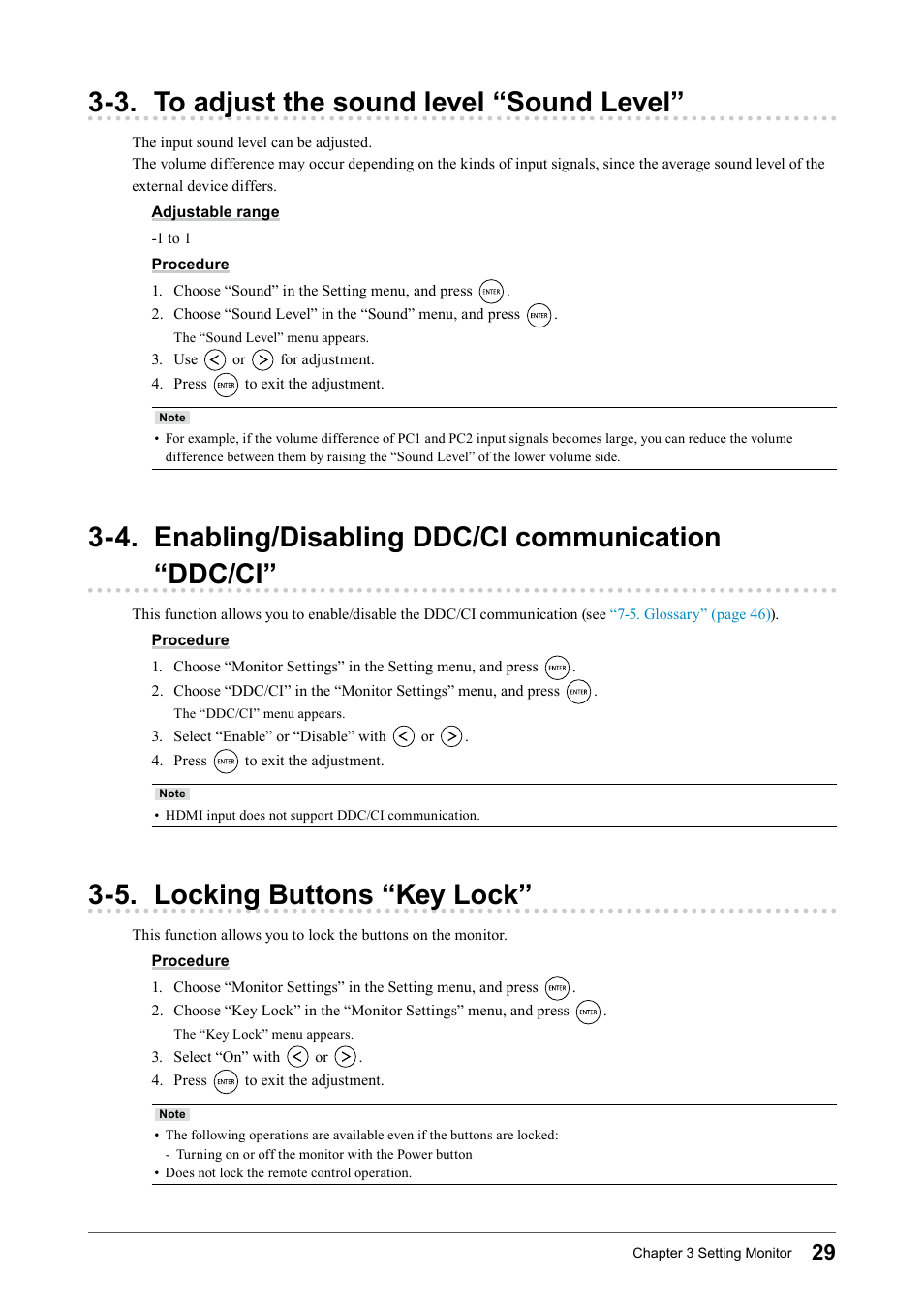 3. to adjust the sound level “sound level, 4. enabling/disabling ddc/ci communication “ddc/ci, 5. locking buttons “key lock | Communication “ddc/ci | Eizo FORIS FS2331 User Manual | Page 29 / 62