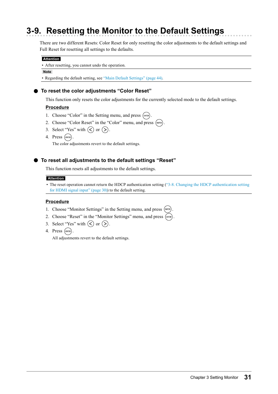 9. resetting the monitor to the default settings, To reset the color adjustments “color reset, 9. resetting the monitor to the default | Settings, To﻿reset﻿the﻿color﻿adjustments﻿“color﻿reset”﻿31 | Eizo FORIS FS2331 User Manual | Page 31 / 62