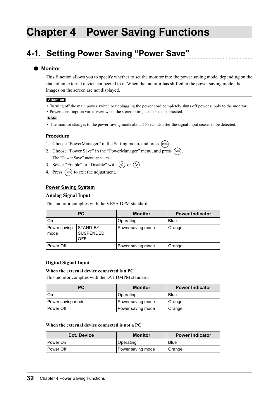 Chapter 4 power saving functions, 1. setting power saving “power save, Monitor | Eizo FORIS FS2331 User Manual | Page 32 / 62