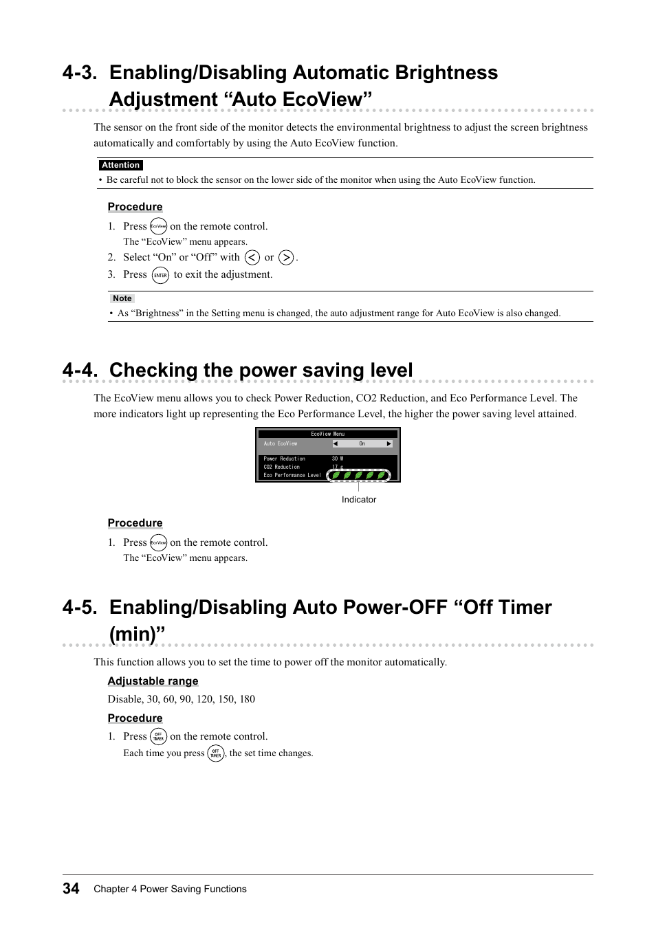 4. checking the power saving level, 3. enabling/disabling automatic, Brightness adjustment “auto ecoview” . 34 | Off timer (min) | Eizo FORIS FS2331 User Manual | Page 34 / 62