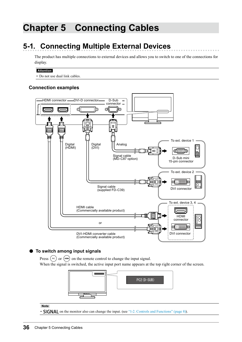 Chapter 5 connecting cables, 1. connecting multiple external devices, To switch among input signals | To﻿switch﻿among﻿input﻿signals, Connection examples | Eizo FORIS FS2331 User Manual | Page 36 / 62