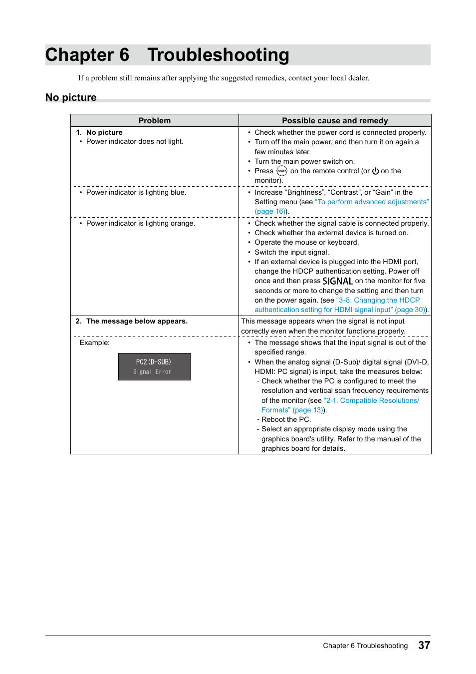 Chapter 6 troubleshooting, No picture | Eizo FORIS FS2331 User Manual | Page 37 / 62