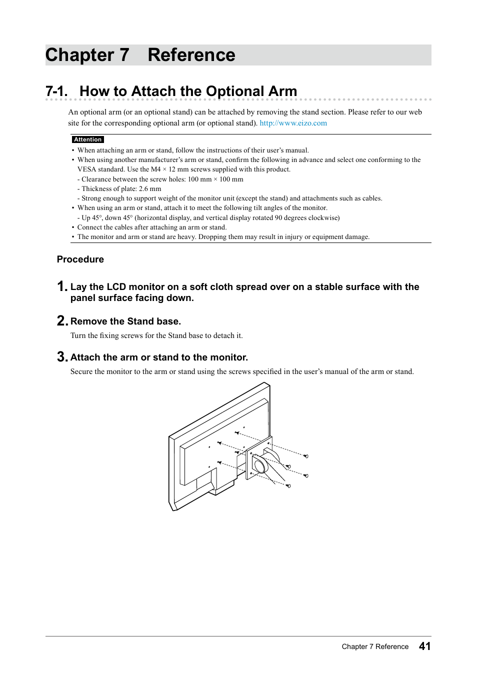 Chapter 7 reference, 1. how to attach the optional arm, 1.﻿how﻿to﻿attach﻿the﻿optional | Eizo FORIS FS2331 User Manual | Page 41 / 62