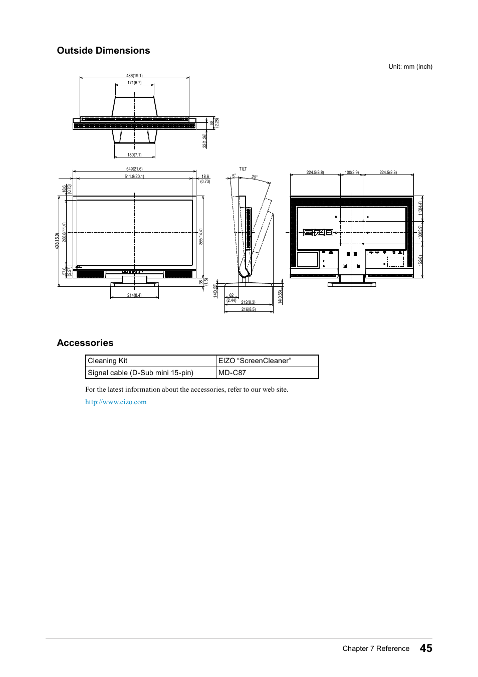 Outside dimensions, Accessories | Eizo FORIS FS2331 User Manual | Page 45 / 62