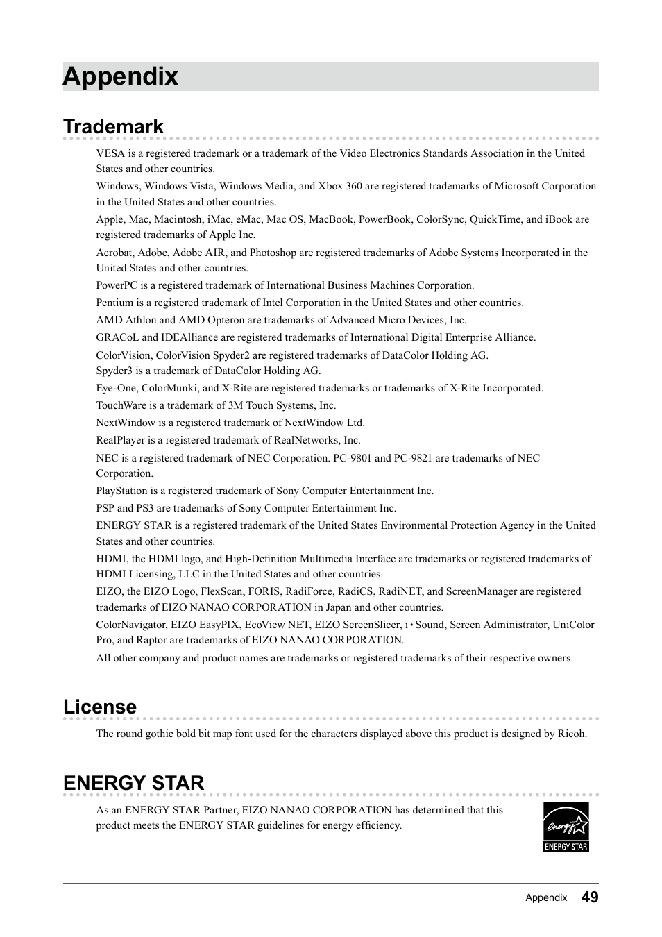 Appendix, Trademark, License | Energy star, Trademark license energy star | Eizo FORIS FS2331 User Manual | Page 49 / 62