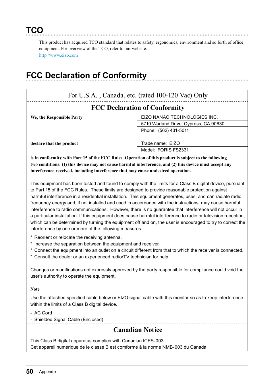 Fcc declaration of conformity, Tco fcc declaration of conformity, Canadian notice | Eizo FORIS FS2331 User Manual | Page 50 / 62