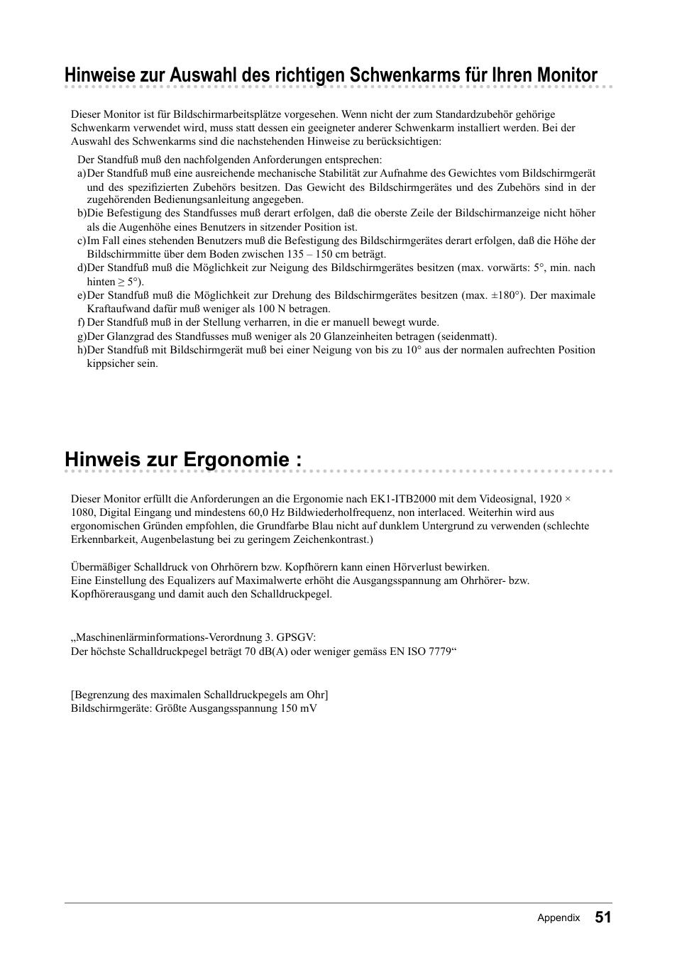 Hinweis zur ergonomie, Hinweise zur auswahl des richtigen, Schwenkarms für ihren monitor | Eizo FORIS FS2331 User Manual | Page 51 / 62