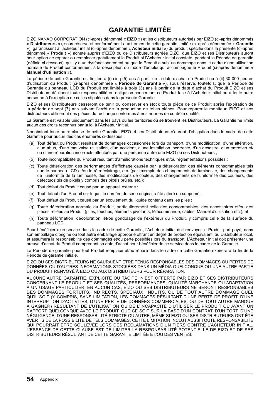 Garantie limitée | Eizo FORIS FS2331 User Manual | Page 54 / 62