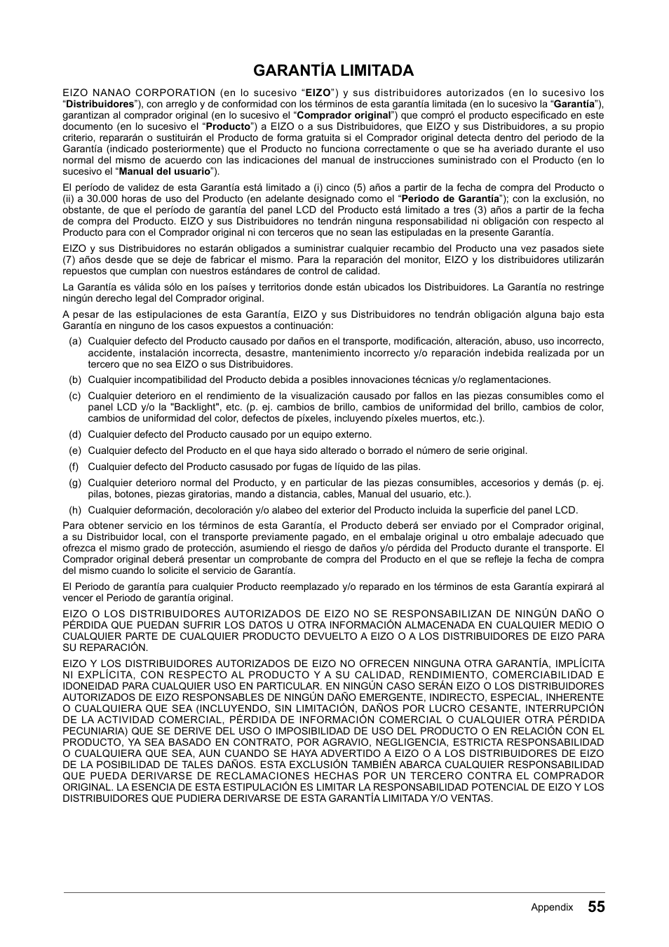 Garantía limitada | Eizo FORIS FS2331 User Manual | Page 55 / 62