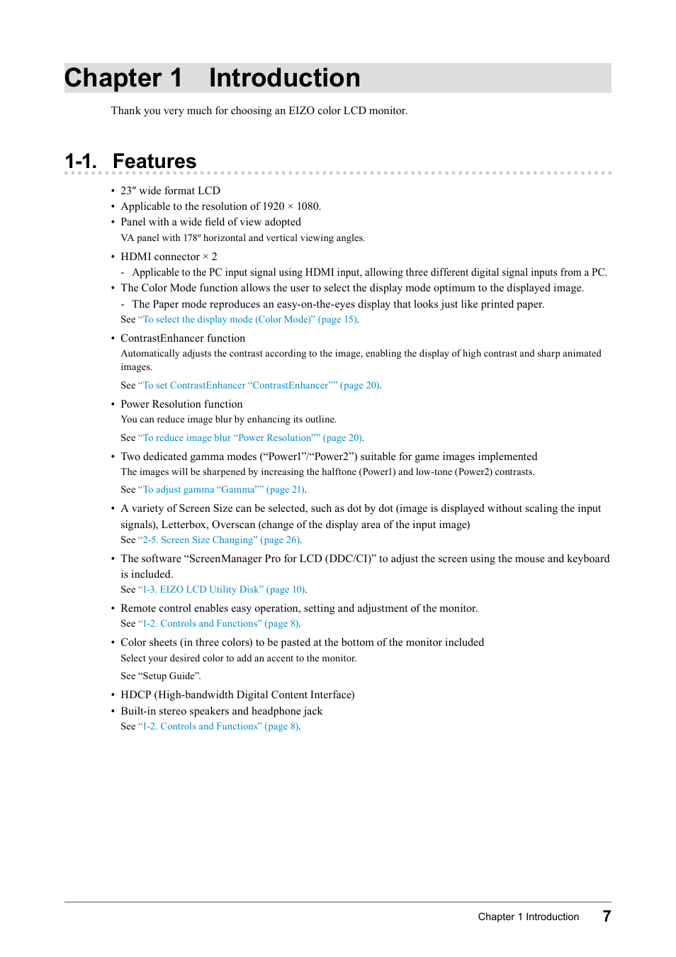 Chapter 1 introduction, 1. features | Eizo FORIS FS2331 User Manual | Page 7 / 62