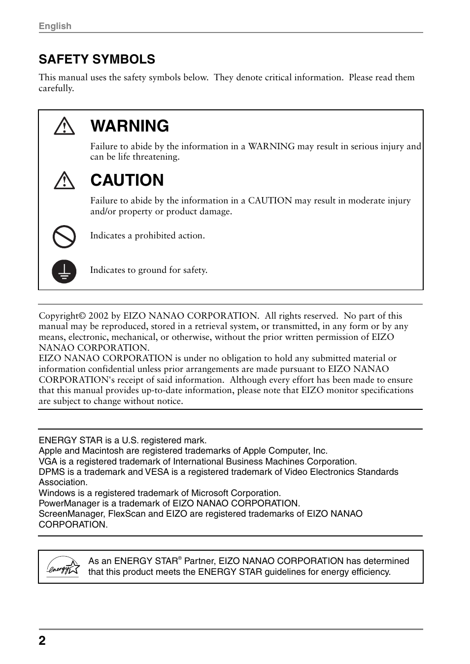 Safety symbols, Warning, Caution | Eizo L985 EX User Manual | Page 2 / 51