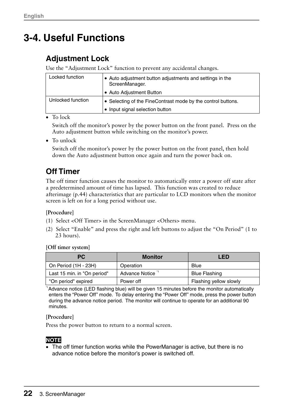 4. useful functions, Adjustment lock, Off timer | Eizo L985 EX User Manual | Page 22 / 51
