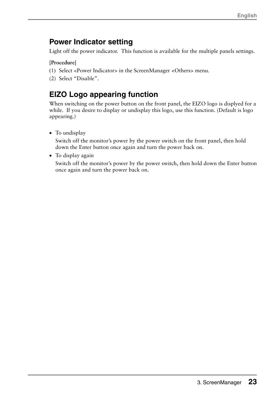 Power indicator setting, Eizo logo appearing function | Eizo L985 EX User Manual | Page 23 / 51