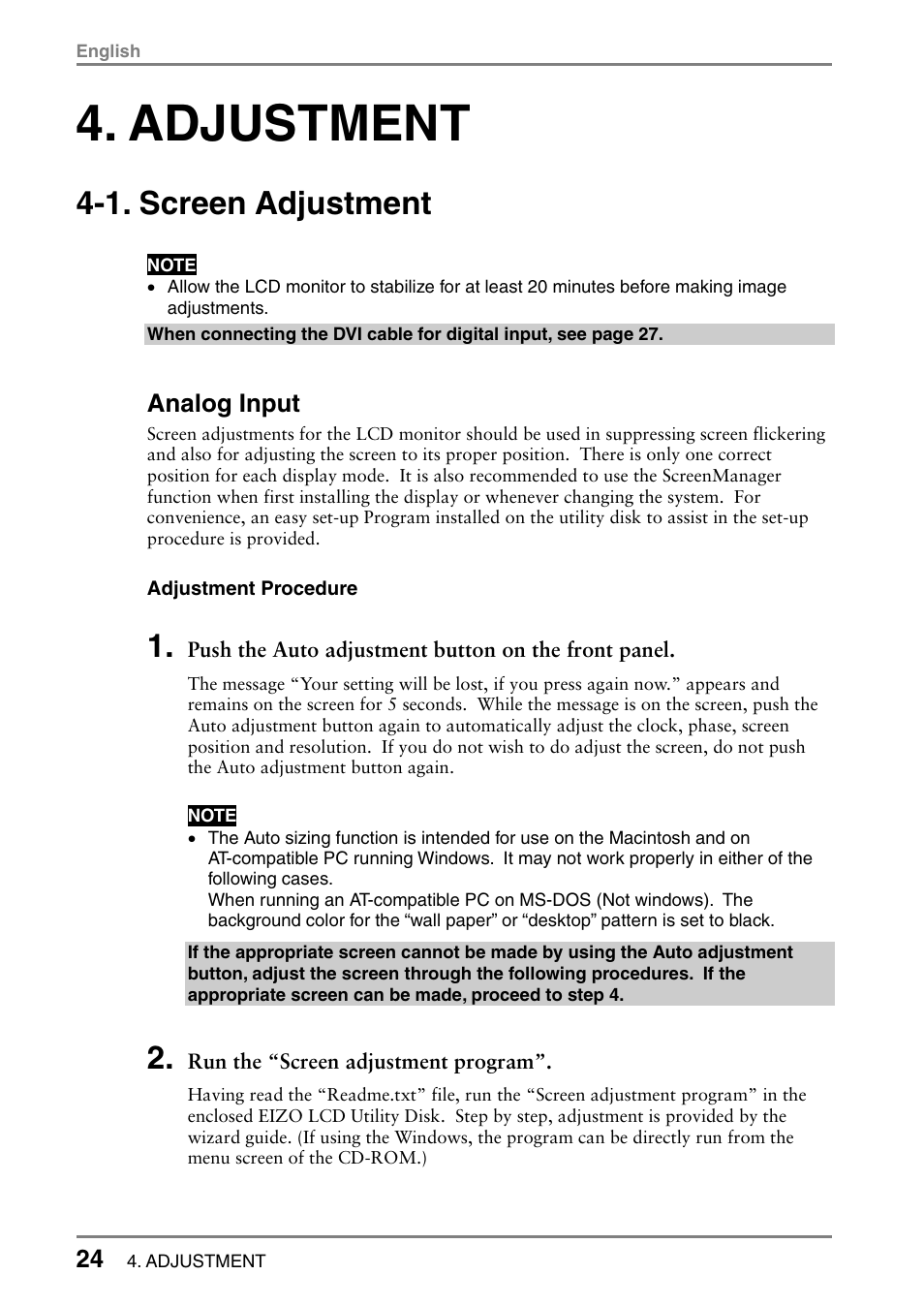 Adjustment, 1. screen adjustment | Eizo L985 EX User Manual | Page 24 / 51