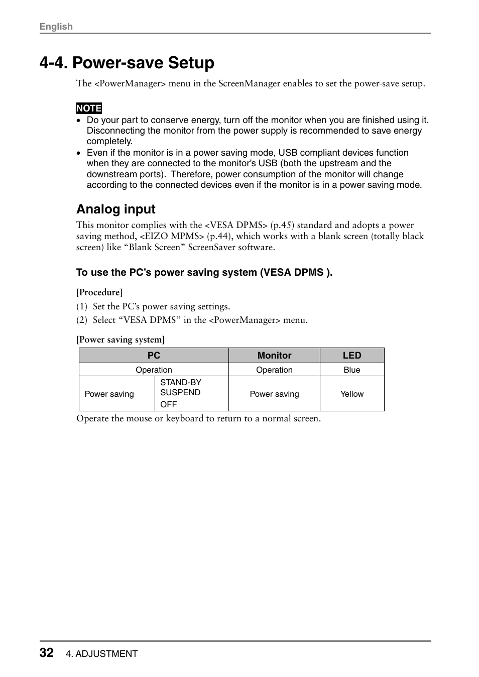 4. power-save setup, Analog input | Eizo L985 EX User Manual | Page 32 / 51