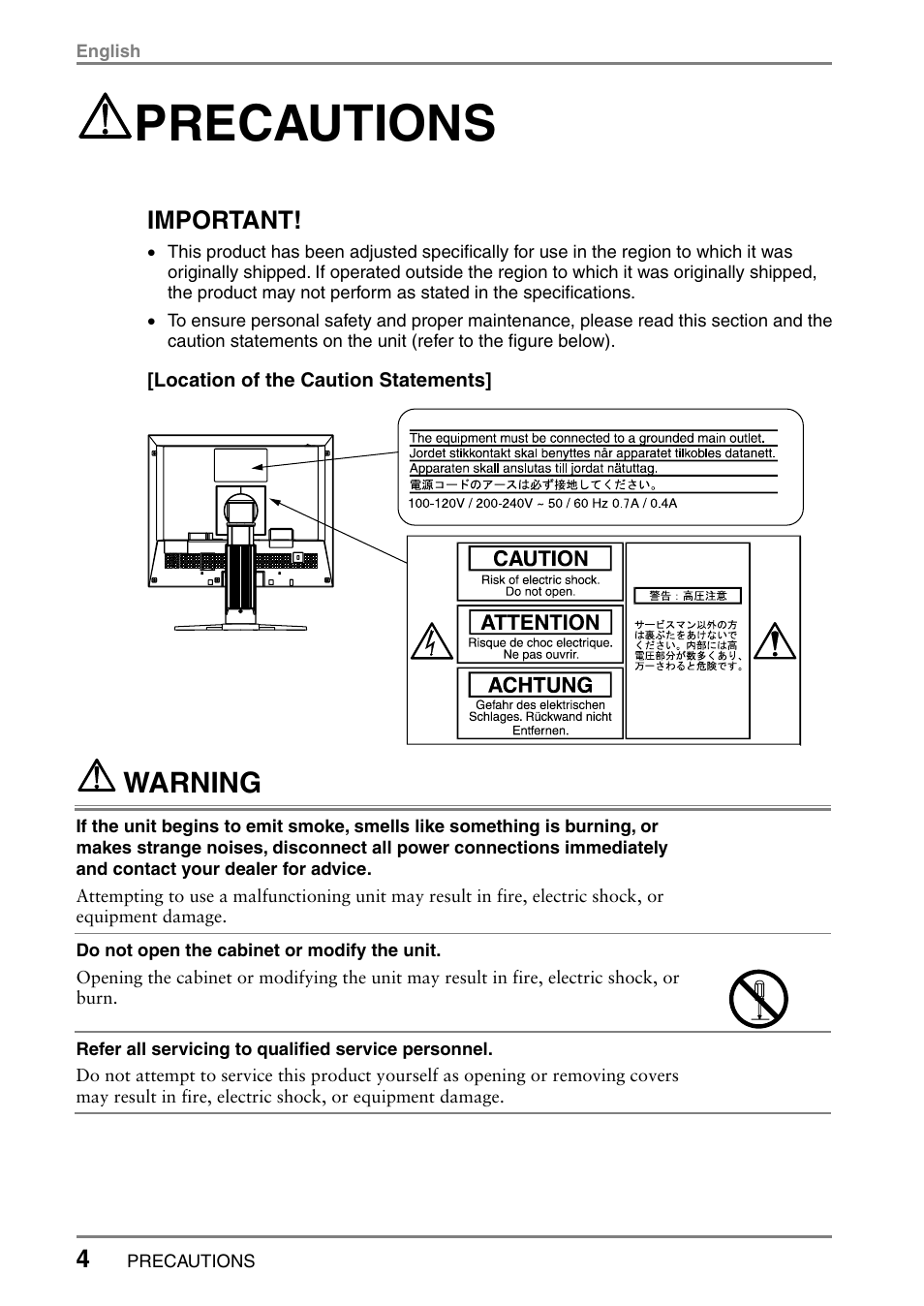 Precautions, Warning, Important | Eizo L985 EX User Manual | Page 4 / 51
