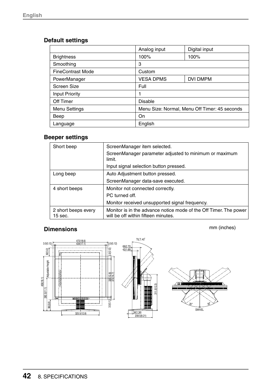 Default settings, Beeper settings, Dimensions | English, Specifications | Eizo L985 EX User Manual | Page 42 / 51