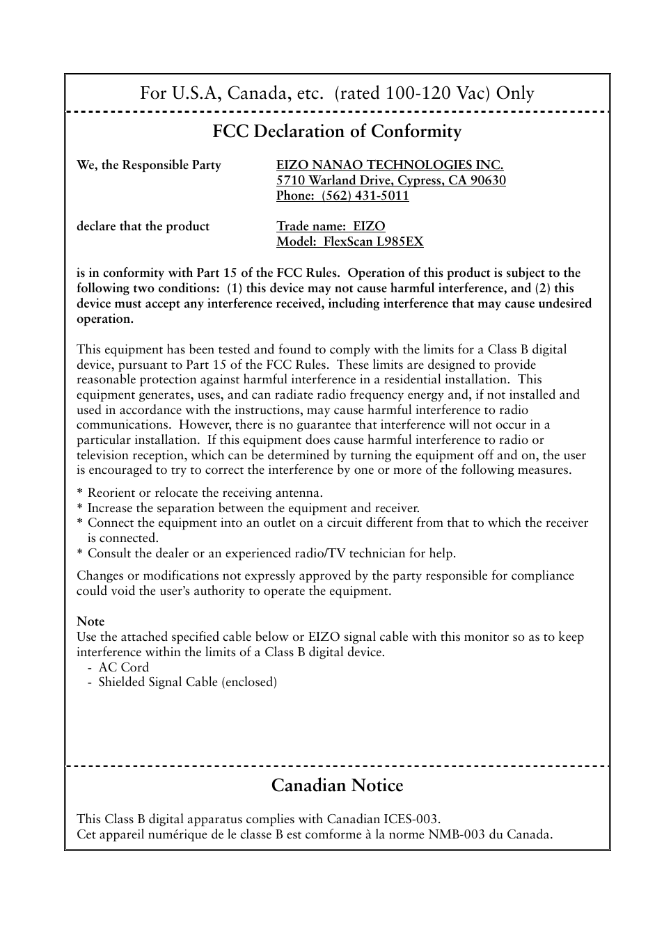 Fcc declaration of conformity, Canadian notice | Eizo L985 EX User Manual | Page 50 / 51