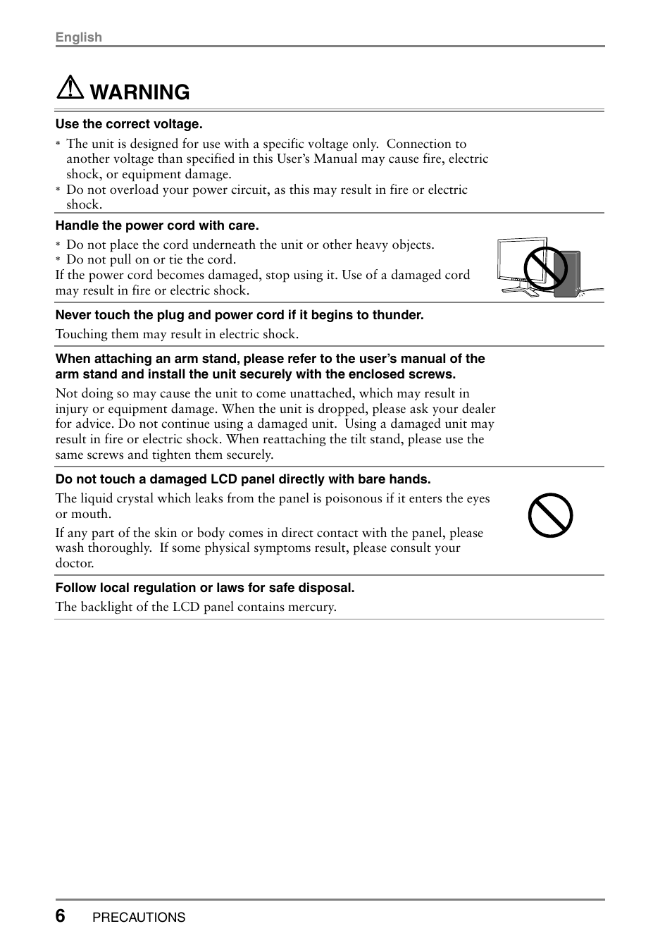 Warning | Eizo L985 EX User Manual | Page 6 / 51
