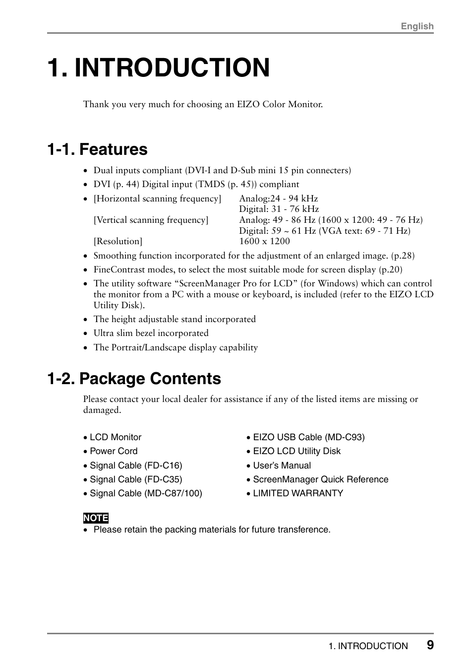 Introduction, 1. features, 2. package contents | Eizo L985 EX User Manual | Page 9 / 51
