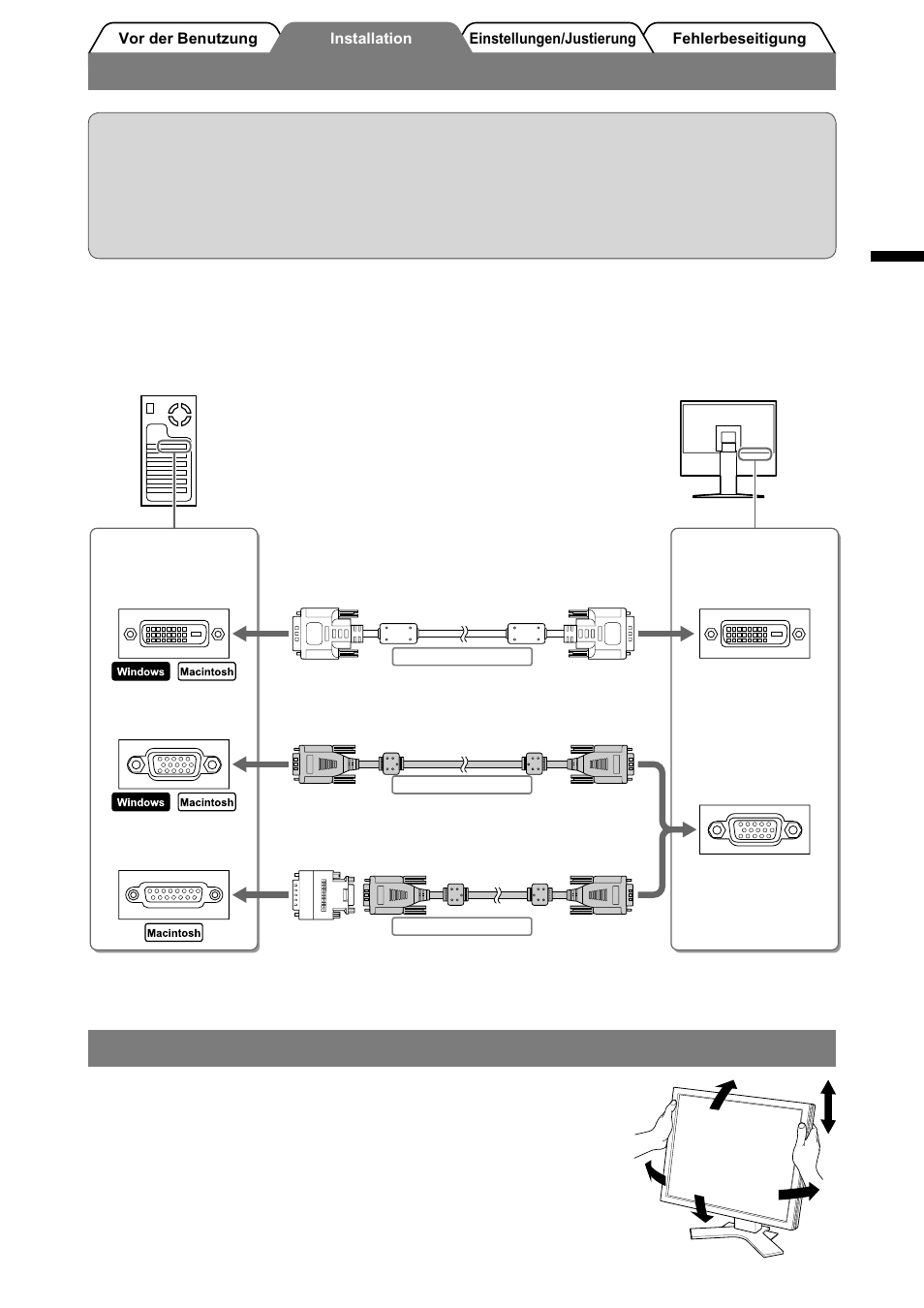 Anschließen von kabeln, Höhe und neigung des bildschirms einstellen | Eizo FlexScan L568 User Manual | Page 11 / 58