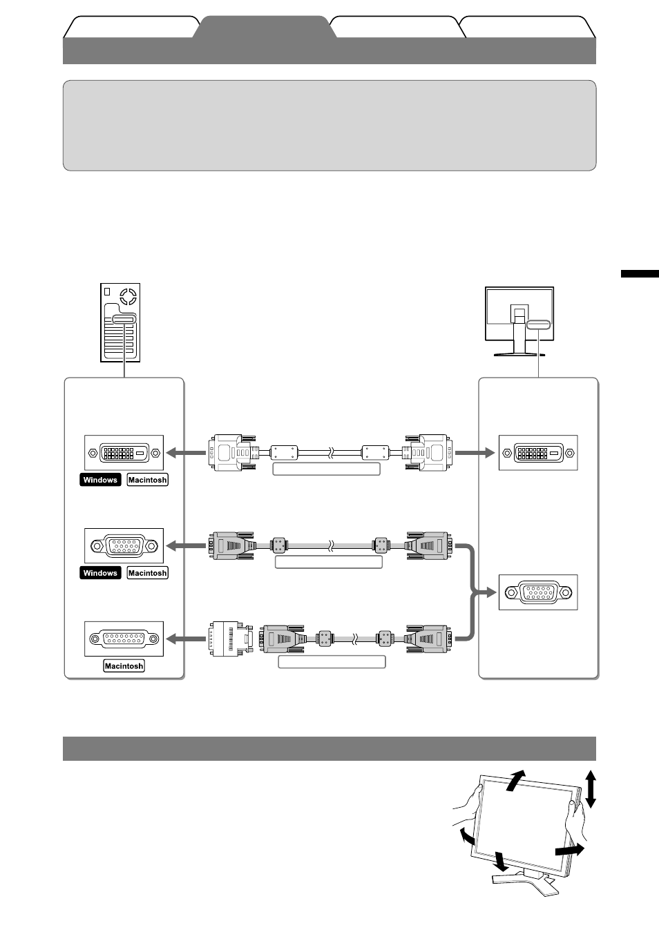 Branchement des câbles, Réglage de la hauteur et de l’angle de l’écran | Eizo FlexScan L568 User Manual | Page 17 / 58