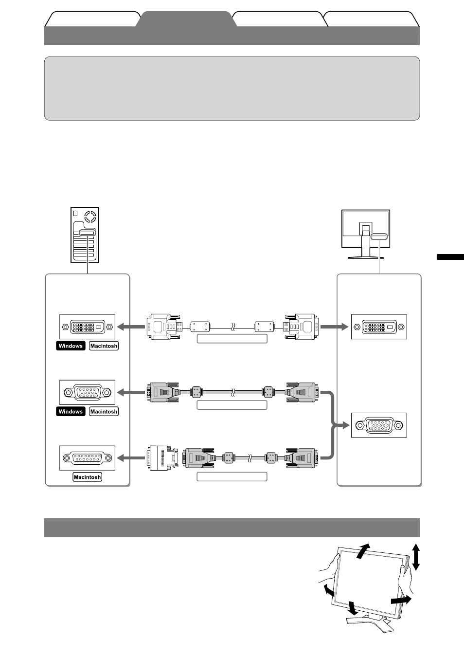 Conexión de los cables, Ajuste de la altura y el ángulo de la pantalla | Eizo FlexScan L568 User Manual | Page 23 / 58