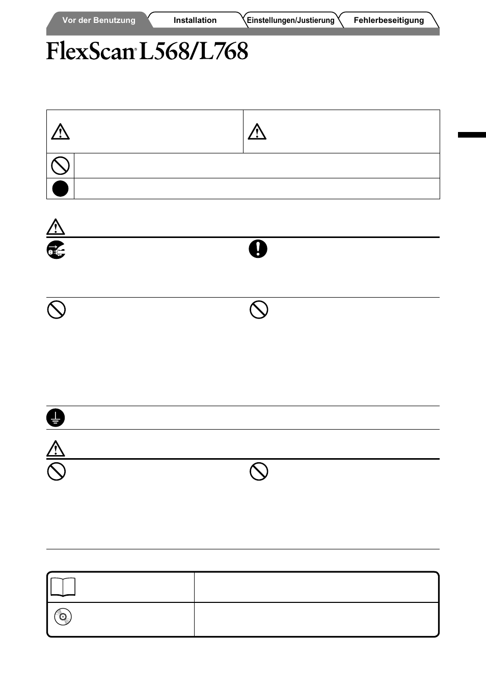 Lcd-farbmonitor, Sicherheitssymbole, Vorsichtsmassnahmen | Eizo FlexScan L568 User Manual | Page 9 / 58