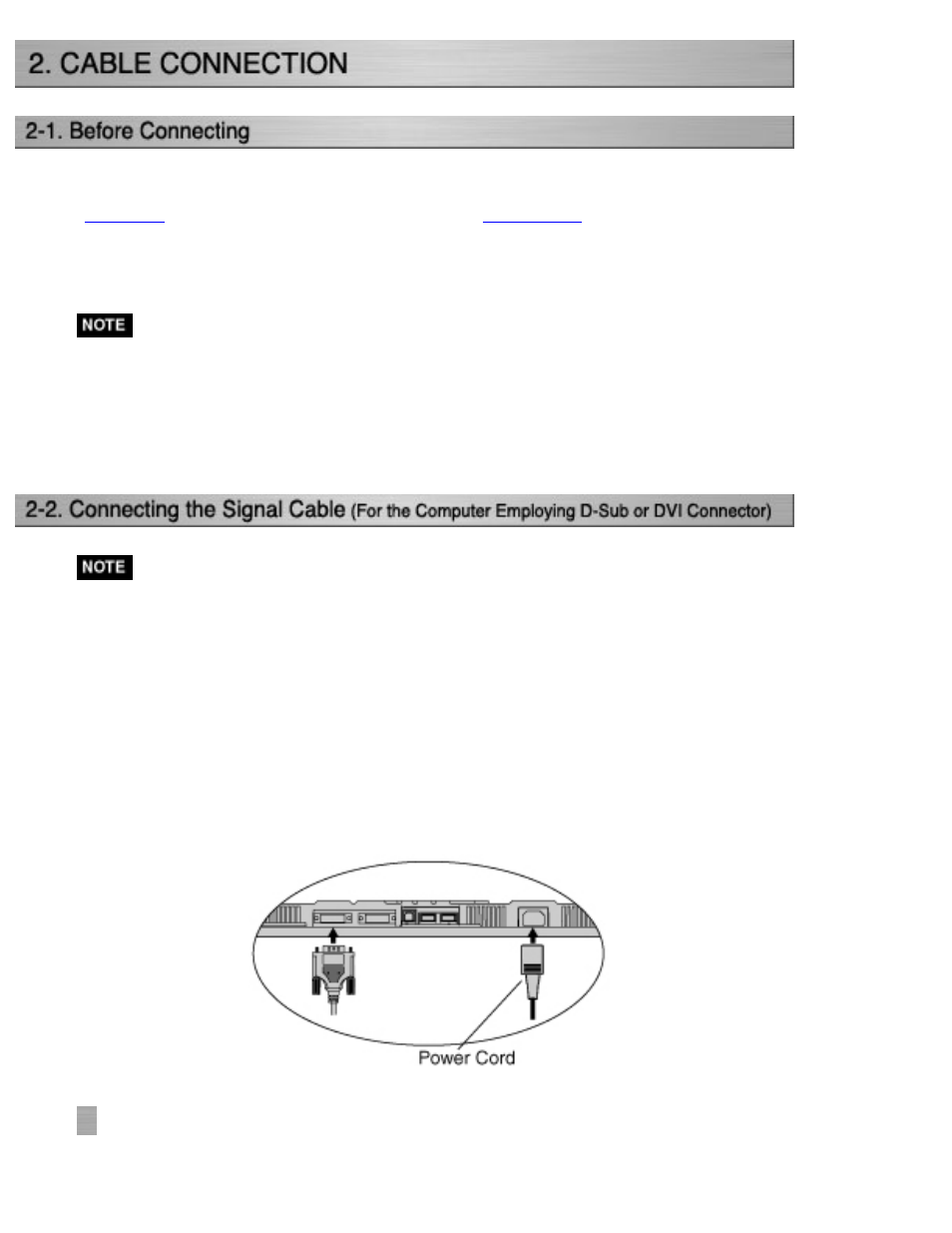 Coloredge cg210, Cable connection, 1.before connecting | 2.connecting the signal, Cable (d-sub or dvi) | Eizo CG210 User Manual | Page 15 / 73