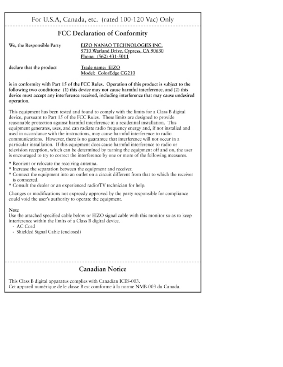 Coloredge cg210, Fcc declaration of, Conformity | Eizo CG210 User Manual | Page 70 / 73