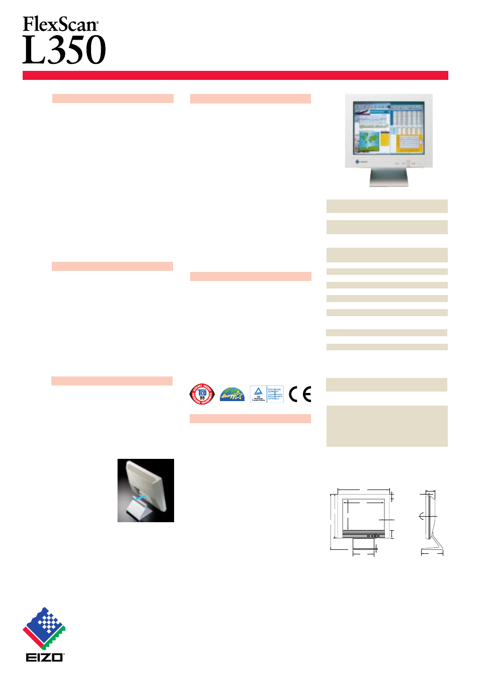 Eizo nanao corporation, 38 cm (15 inch) tft lcd monitor, Security system is included on the panel | Eizo FlexScan L350 User Manual | Page 2 / 2