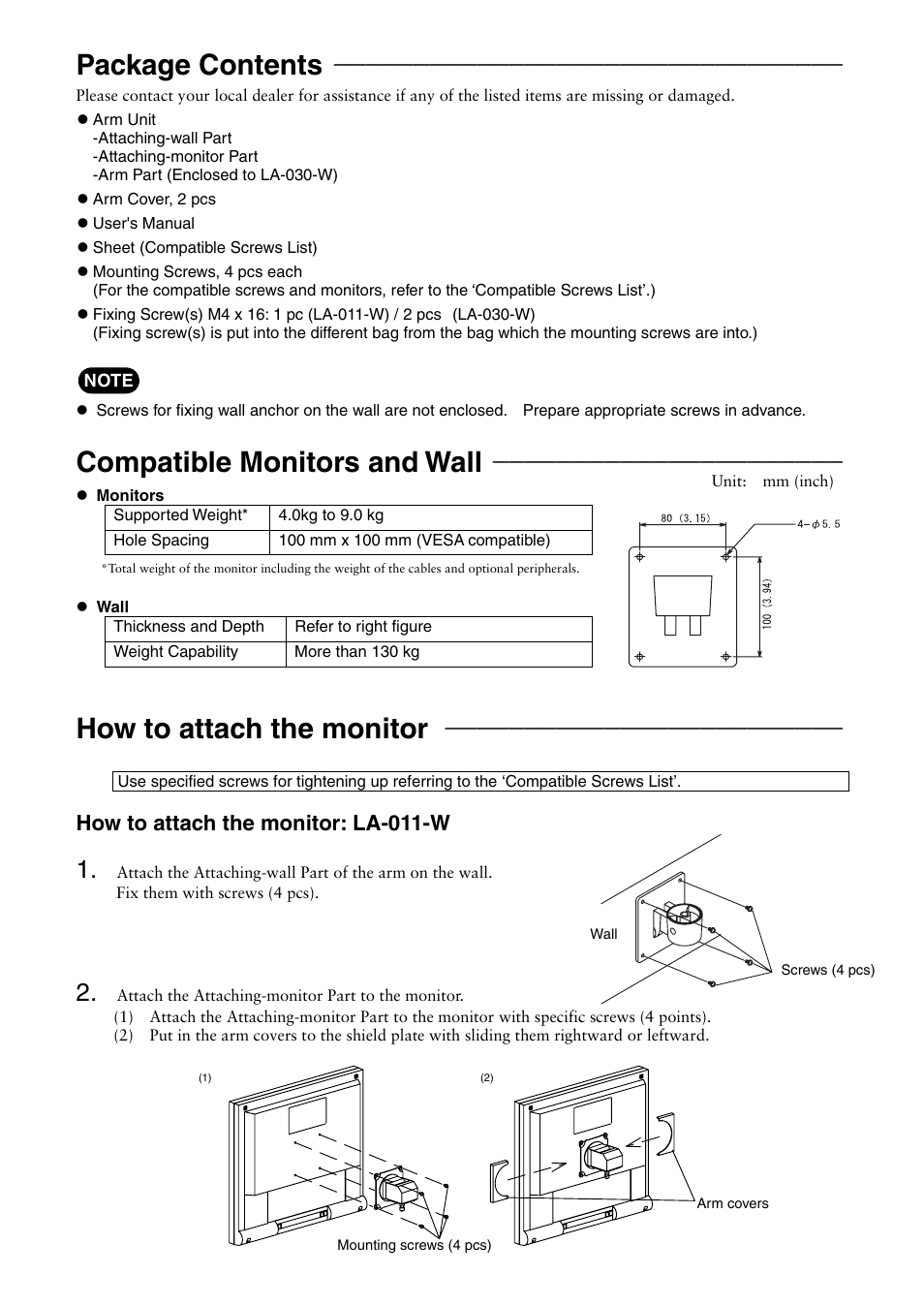 Package contents, Compatible monitors and wall, How to attach the monitor | How to attach the monitor: la-011-w | Eizo LA-030-W User Manual | Page 2 / 6