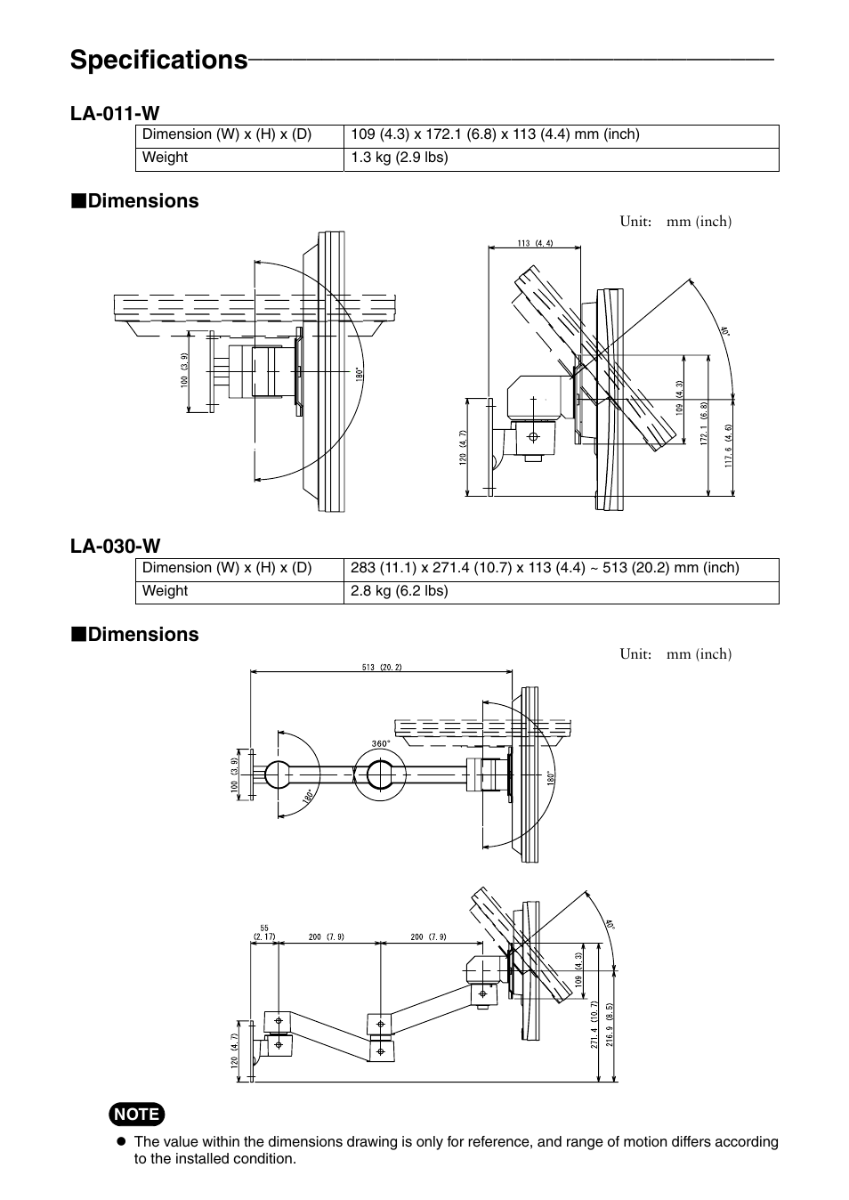 Specifications, La-011-w, Dimensions | La-030-w | Eizo LA-030-W User Manual | Page 5 / 6