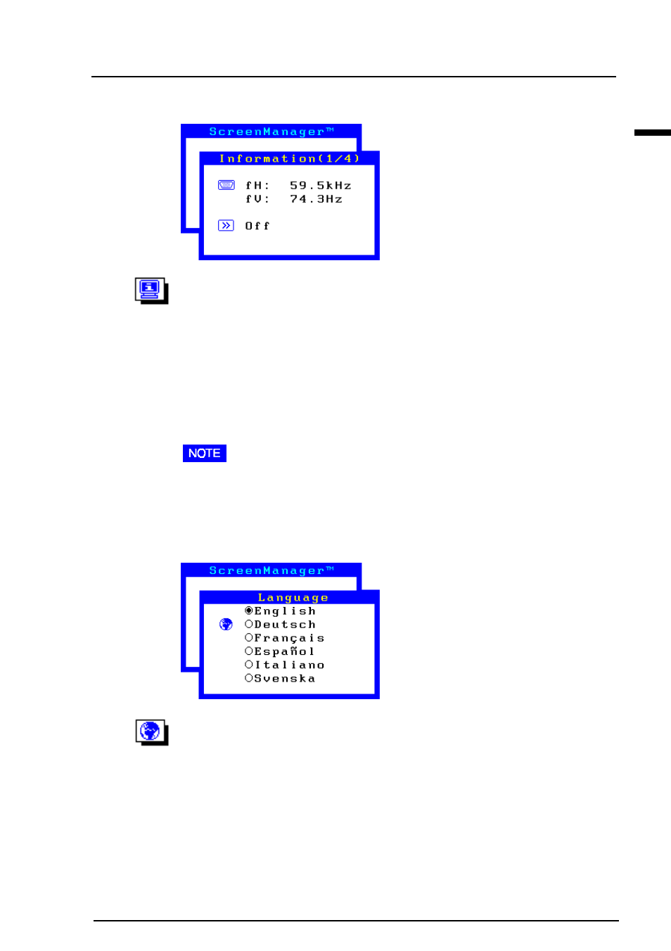 Information status report language menu, Information status report, Language menu | Eizo T57S User Manual | Page 25 / 48