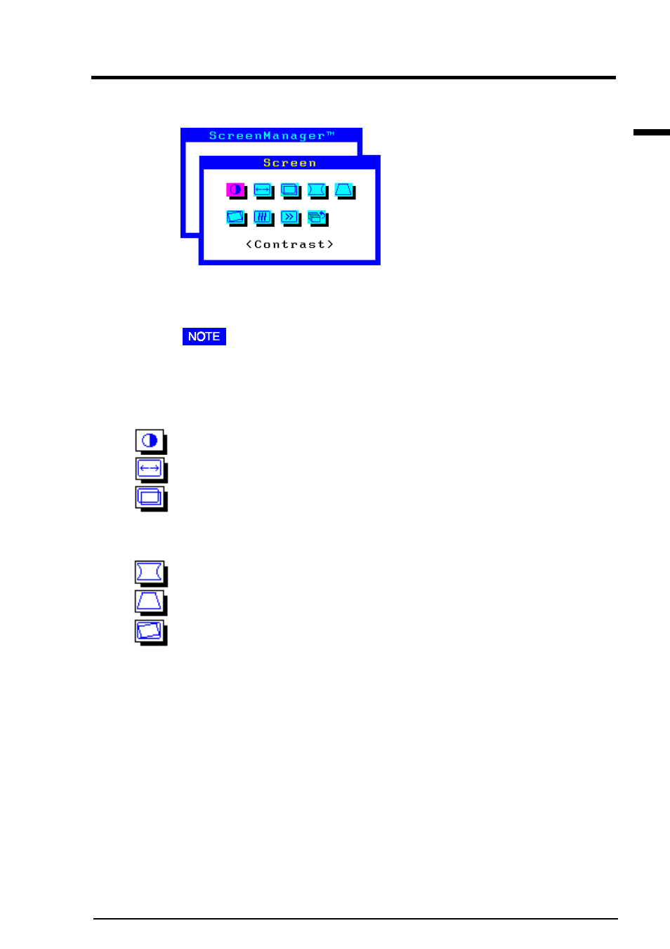 2 imaging adjustment, Screen menu, Brightness, contrast, size, position | Geometry, tilt, bright uniformity | Eizo T57S User Manual | Page 9 / 48