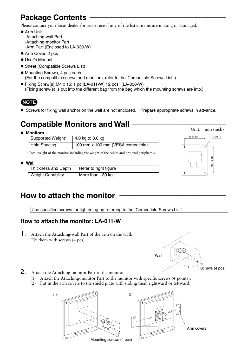 Package contents, Compatible monitors and desks, How to attach the monitor | Compatible monitors and wall, How to attach the monitor: la-011-w | Eizo LA LA-030-W User Manual | Page 2 / 6