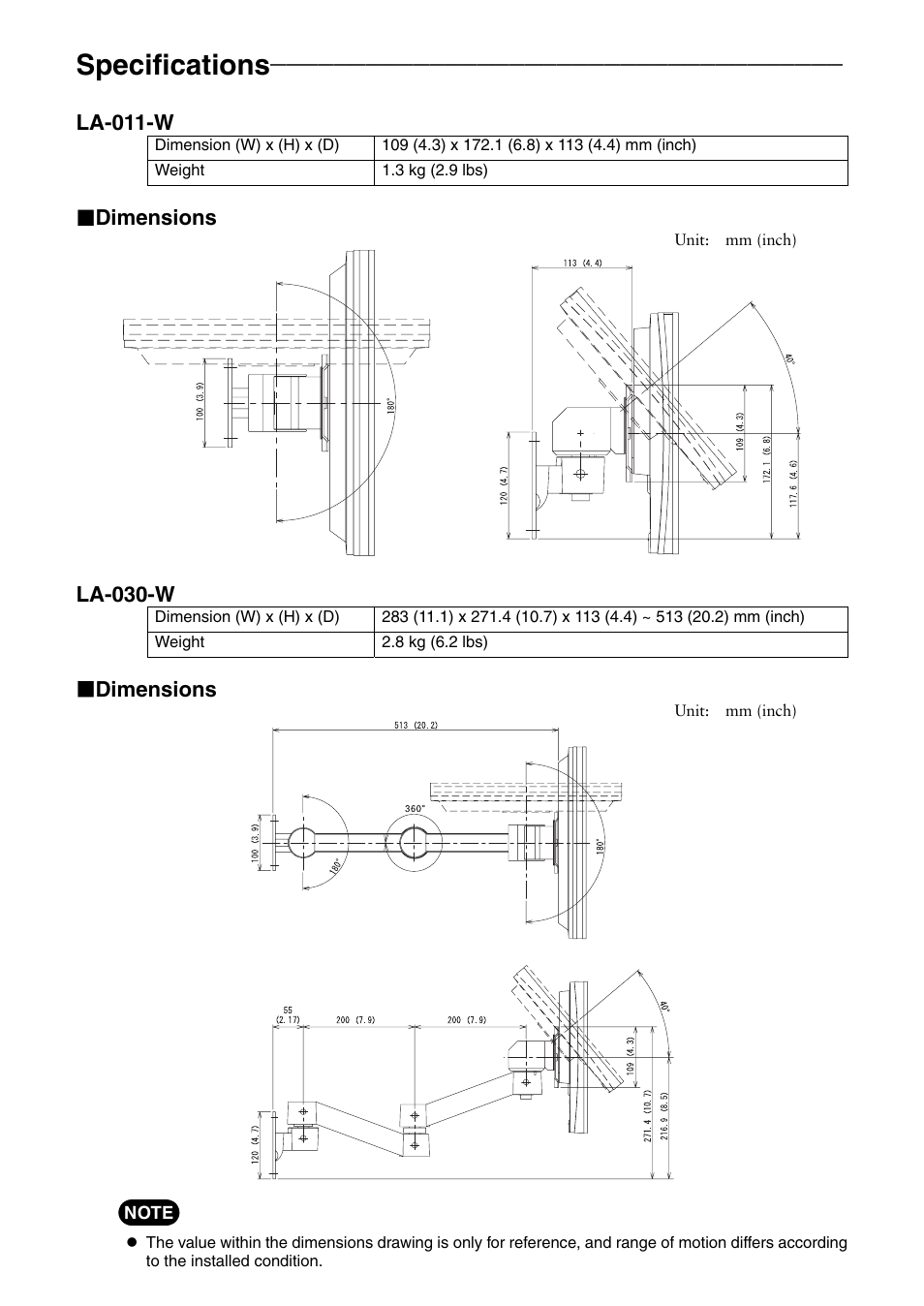 Specifications, La-011-w, Dimensions | La-030-w | Eizo LA LA-030-W User Manual | Page 5 / 6