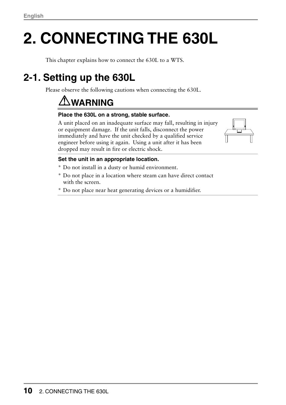 Connecting the 630l, 1. setting up the 630l, Warning | Eizo eClient LCD Monitor Integrated Windows-based terminal 630L User Manual | Page 10 / 115