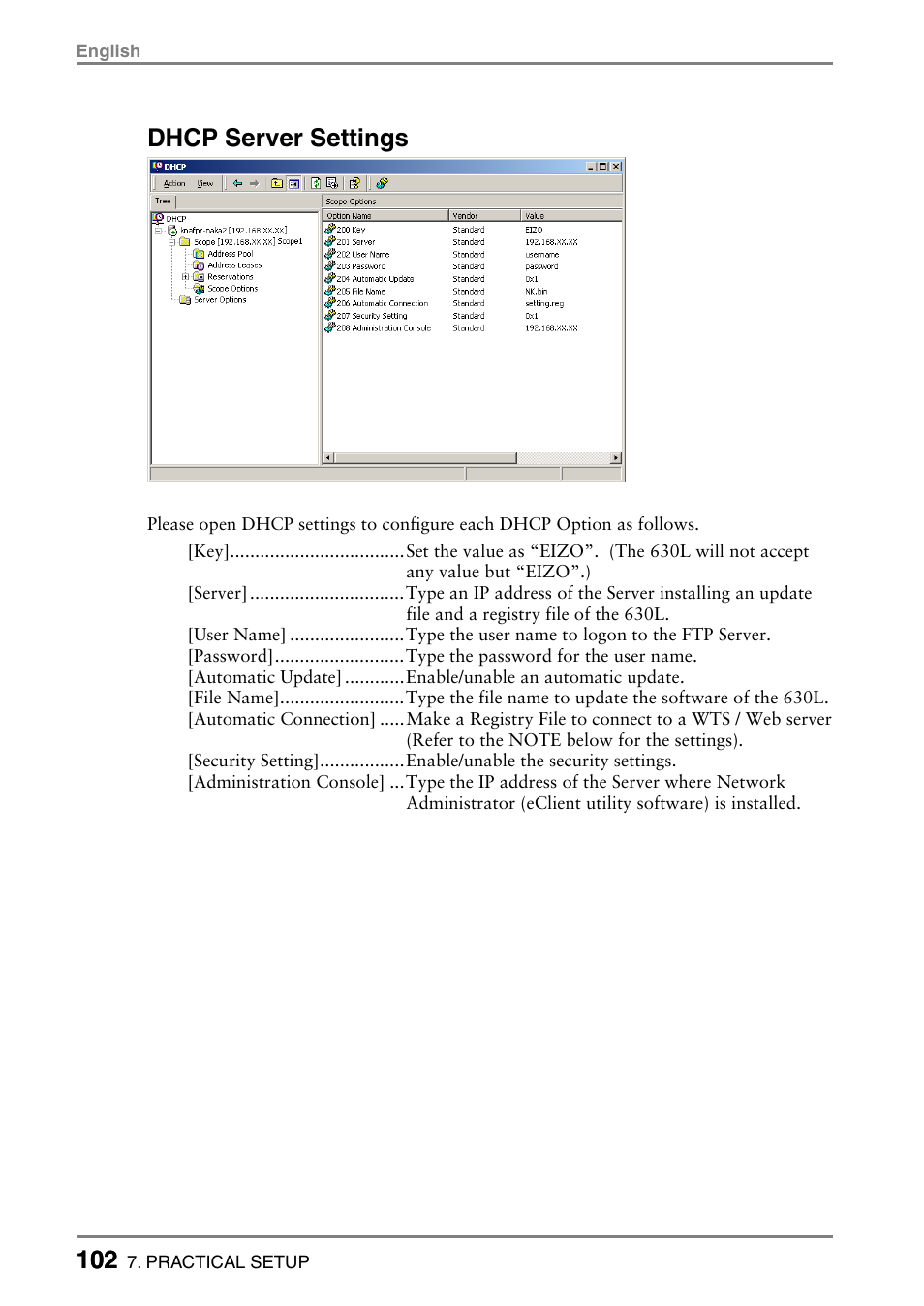 102 dhcp server settings | Eizo eClient LCD Monitor Integrated Windows-based terminal 630L User Manual | Page 102 / 115