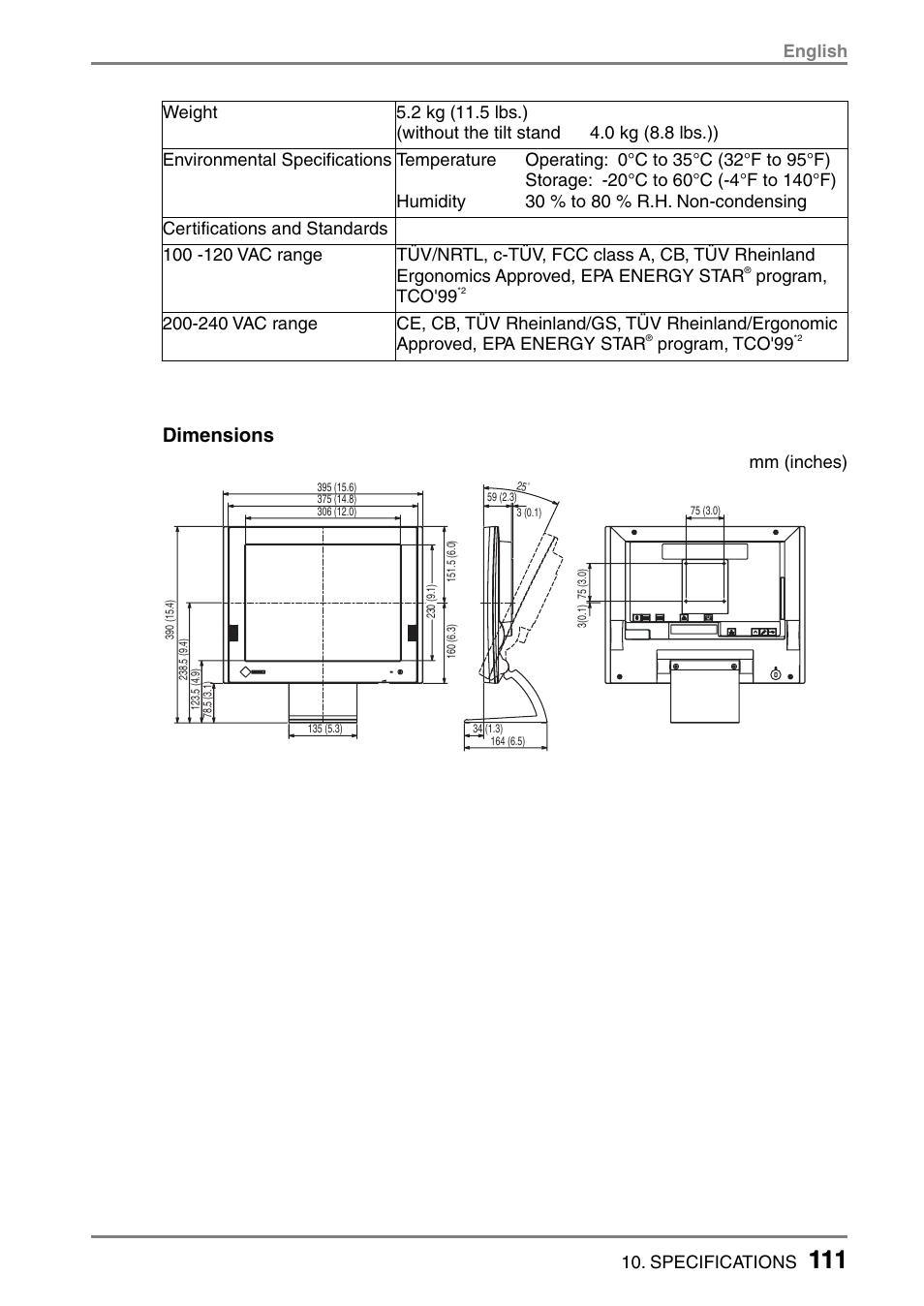 Dimensions | Eizo eClient LCD Monitor Integrated Windows-based terminal 630L User Manual | Page 111 / 115