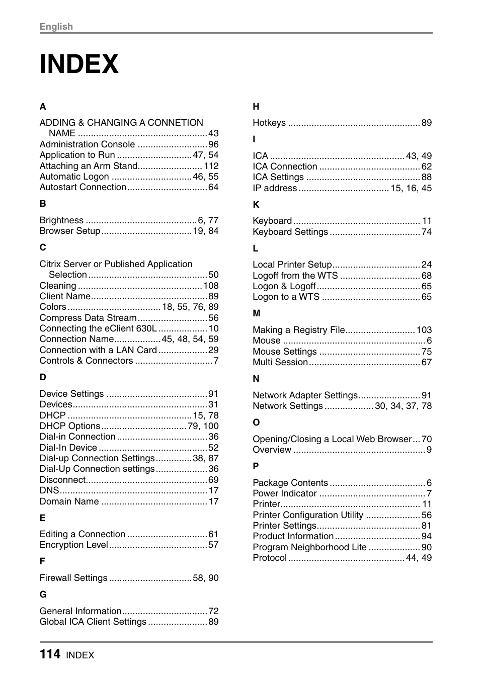 Index | Eizo eClient LCD Monitor Integrated Windows-based terminal 630L User Manual | Page 114 / 115