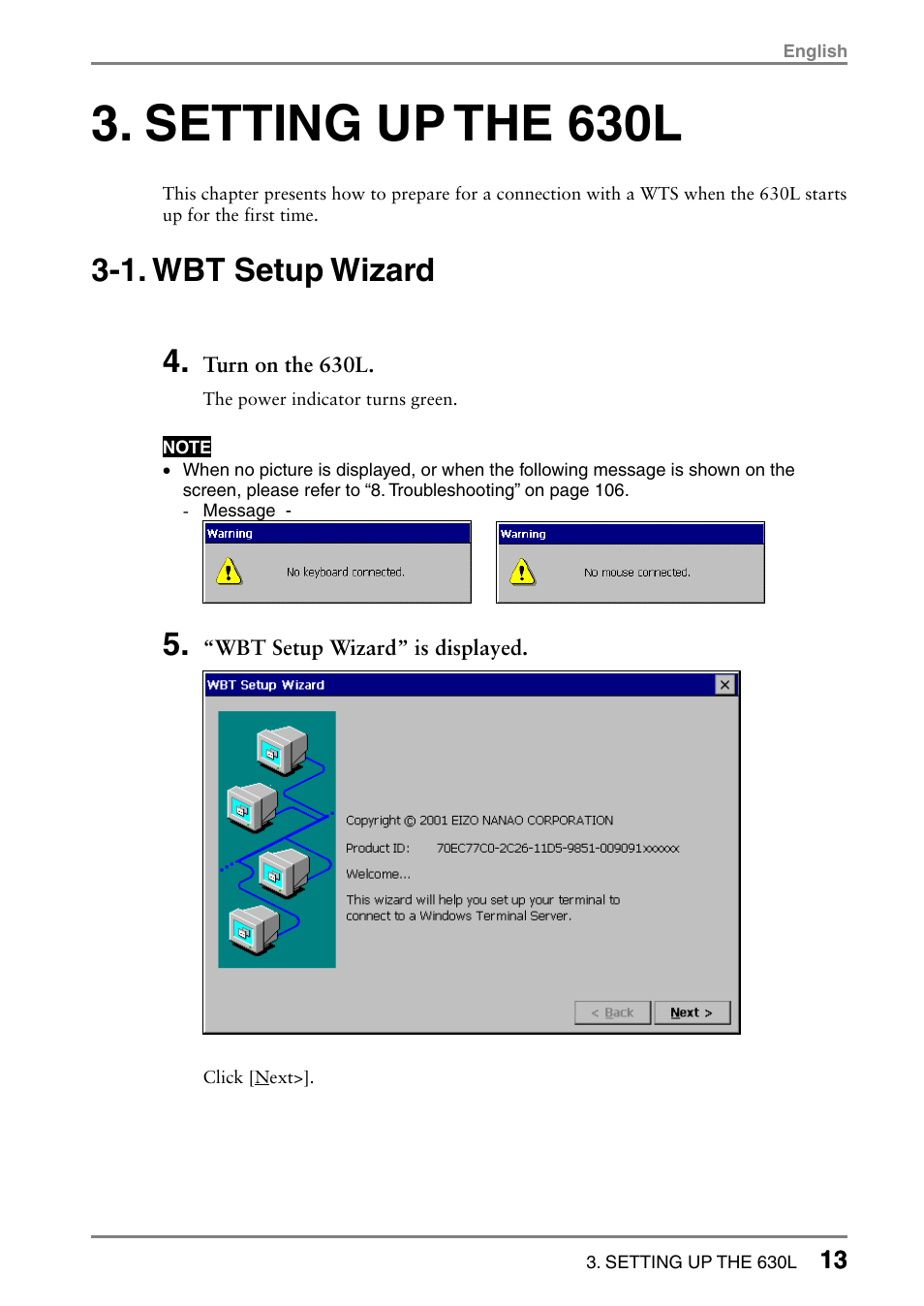 Setting up the 630l, 1. wbt setup wizard | Eizo eClient LCD Monitor Integrated Windows-based terminal 630L User Manual | Page 13 / 115
