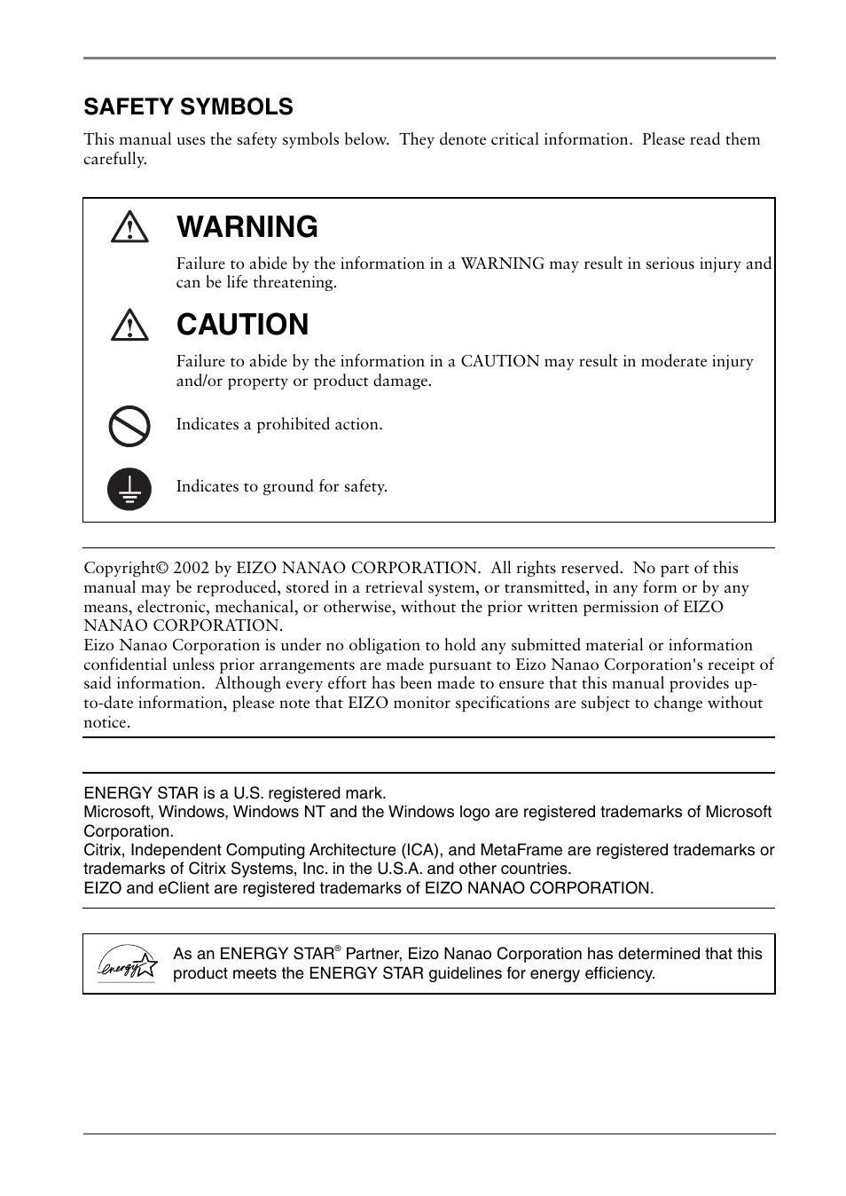 Safety symbols, Warning, Caution | Eizo eClient LCD Monitor Integrated Windows-based terminal 630L User Manual | Page 2 / 115
