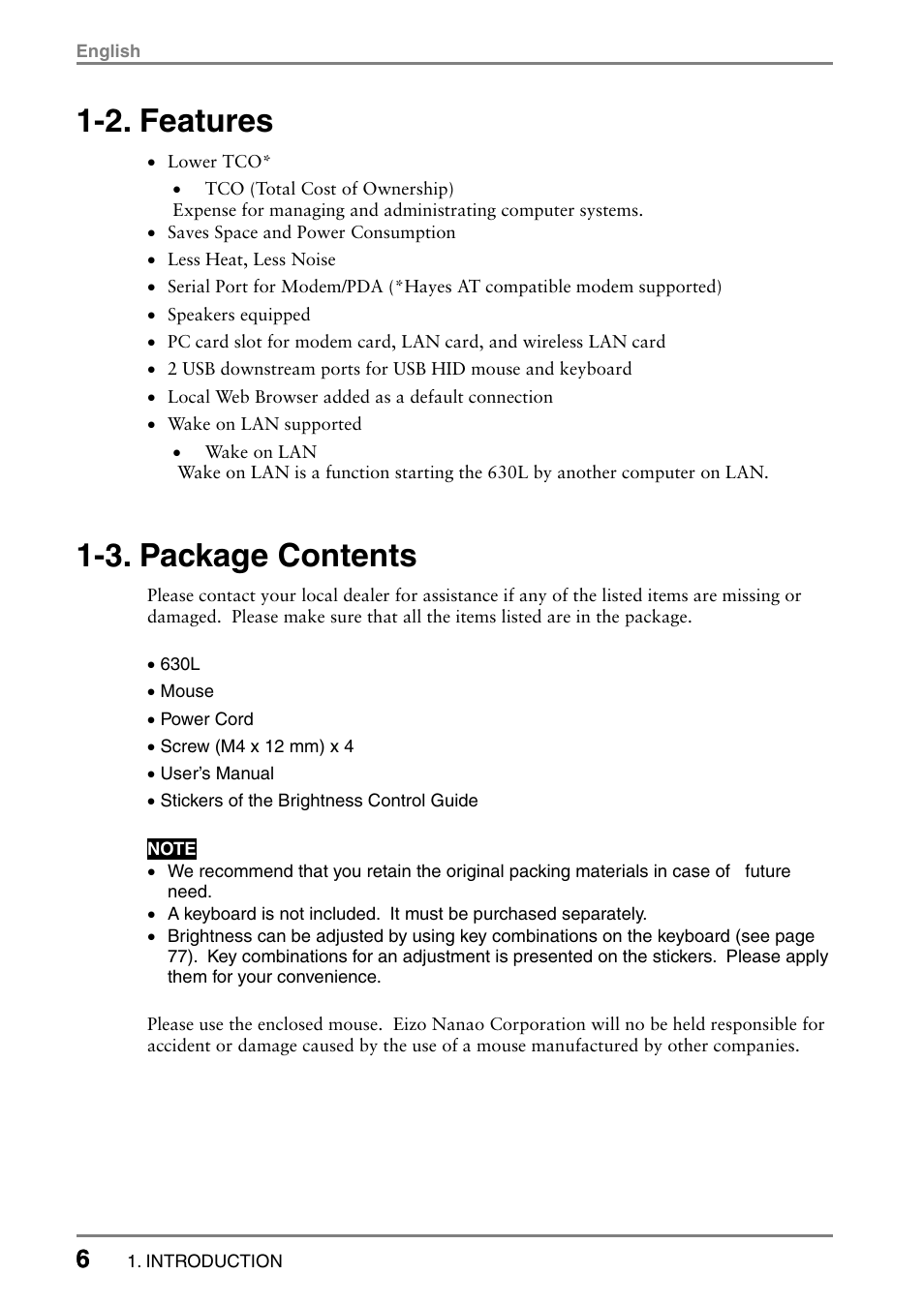 2. features, 3. package contents | Eizo eClient LCD Monitor Integrated Windows-based terminal 630L User Manual | Page 6 / 115