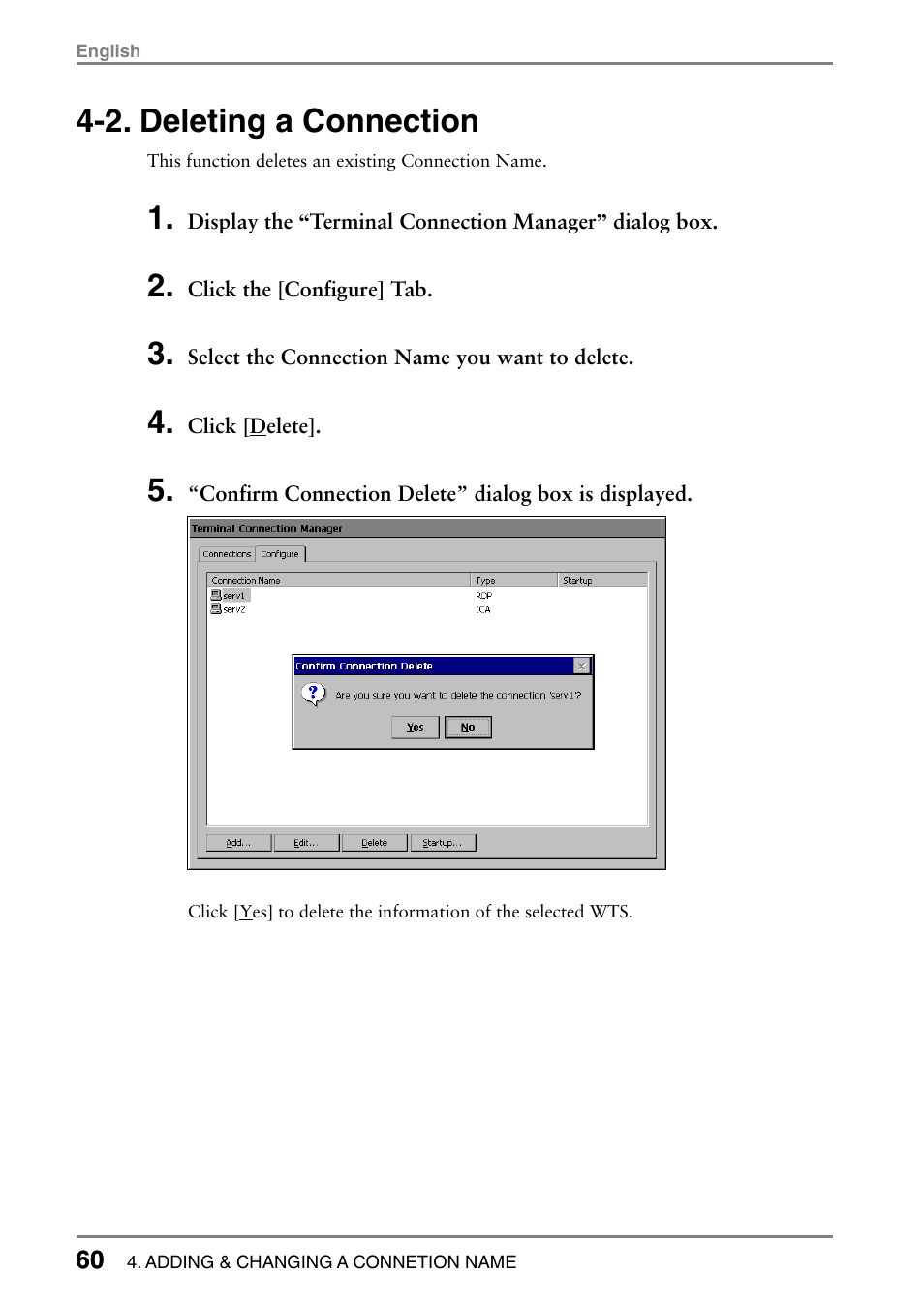 2. deleting a connection | Eizo eClient LCD Monitor Integrated Windows-based terminal 630L User Manual | Page 60 / 115