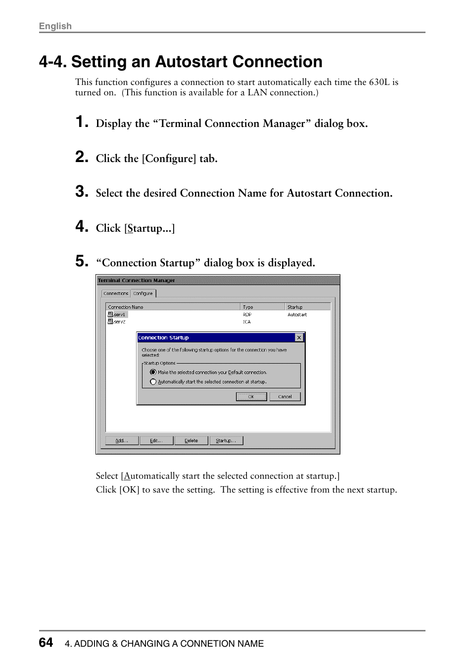 4. setting an autostart connection | Eizo eClient LCD Monitor Integrated Windows-based terminal 630L User Manual | Page 64 / 115